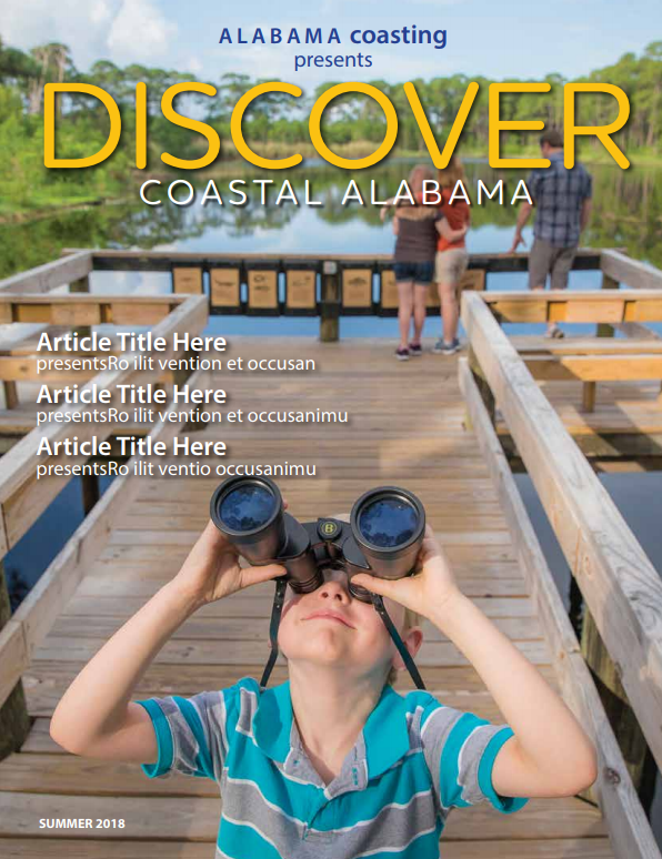magazine cover for Discover Coastal Alabama featuring young boy outdoors with binoculars
